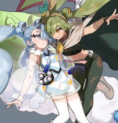 2girls altaria blue_hair breasts cape double_bun dress dual_persona flygon flying_miku_(project_voltage) full_body gen_3_pokemon gloves gradient_hair great_ball green_hair grey_background grey_hair ground_miku_(project_voltage) hair_between_eyes hair_bun hair_over_one_eye hatsune_miku highres leg_warmers long_hair medium_breasts multicolored_hair multiple_girls nail_polish nintendo orange_eyes orange_hair pants poke_ball poke_ball_(basic) pokemon pokemon_(creature) project_voltage shoes simple_background single_glove tissue0330 torn_cape torn_clothes twintails vocaloid white_hair