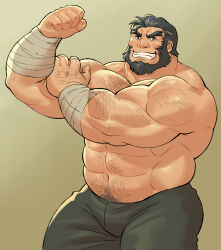 1boy abs arm_hair bandaged_arm bandages bara beard black_pants body_hair commentary english_commentary facial_hair fire_emblem fire_emblem:_the_sacred_stones flexing furry furry_male garcia_(fire_emblem) grin highres huey_(thegoodbyed) looking_at_viewer male_focus muscular muscular_male navel nintendo pants pectorals smile stomach_hair topless_male