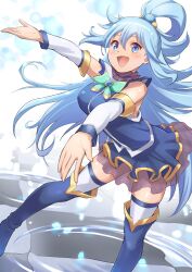 1girl aqua_(konosuba) arms_at_sides blue_boots blue_eyes blue_hair blue_shirt blue_skirt blue_thighhighs blush boots bow bowtie detached_sleeves feet_out_of_frame green_bow green_bowtie hair_ornament hair_rings kono_subarashii_sekai_ni_shukufuku_wo! leaning_forward legs_apart long_hair miniskirt open_mouth outstretched_arms pariya_0001 pleated_skirt shirt single_hair_ring skirt sleeveless sleeveless_shirt solo standing thigh_boots thighhighs thighhighs_under_boots very_long_hair water white_sleeves white_thighhighs zettai_ryouiki