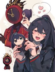 1boy 1other :d black_eyes black_gloves blue_eyes blue_hairband blush character_doll clapping clock coat collared_shirt commentary dante_(limbus_company) fire flirting flower_symbol gloves hairband heart heterochromia high_ponytail highres holding holding_stuffed_toy hong_lu_(project_moon) jacket kiss limbus_company long_hair long_sleeves looking_at_viewer merchandise necktie notice_lines object_head object_kiss open_mouth oshikyomokawaii ponytail project_moon purple_hair red_necktie seductive_smile shirt simple_background smile sparkling_eyes stuffed_toy surprise_kiss surprised very_long_hair white_background white_shirt