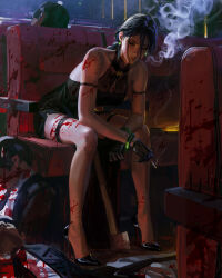 1girl 3boys absurdres axe bare_shoulders black_footwear black_gloves black_hair blood blood_on_arm blood_on_clothes blood_on_face blood_on_leg blood_on_shoulder bloody_clothes bloody_dress bracelet braid braided_ponytail chair cigarette commentary corpse dress earrings formal_clothes gloves guweiz high_heels highres holding holding_cigarette indoors jewelry long_hair multiple_boys murder original pelvic_curtain sideways_glance sitting smoke smoking suit symbol-only_commentary yin_(guweiz)