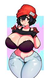 1girl absurdres alternate_breast_size bra breasts curvy denim highres huge_breasts izumo_fuuko jeans pants undead_unluck underwear