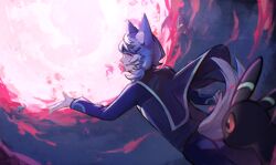 1boy animal_ear_fluff animal_ears arm_up beheeyem cape commentary_request energy_ball gen_2_pokemon gen_4_pokemon gen_5_pokemon grin highres jacket long_sleeves looking_back magnezone male_focus nintendo pants pokemon pokemon_(anime) pokemon_(creature) pokemon_horizons smile spinel_(pokemon) tail teeth umbreon yibuzhai