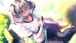 1girl amakano_2 bare_arms black_pants black_ribbon blue_eyes blush bra_visible_through_clothes breasts day dutch_angle embarrassed grey_hair gym_shirt hair_between_eyes hair_ribbon holding holding_hose hose large_breasts looking_at_viewer medium_hair official_art outdoors pants parted_lips piromizu ribbon sara_(amakano_2) shadow shirt short_sleeves solo standing twintails wet wet_clothes wet_shirt white_shirt