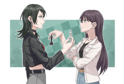 Rule 34 | 2girls, bang dream!, bang dream! it&#039;s mygo!!!!!, belt, black belt, black hair, black jacket, black shirt, blue skirt, brown belt, chess piece, closed mouth, commentary, cowboy shot, crop top, earrings, green eyes, grey skirt, highres, jacket, jewelry, joker (jjjokerrr233), long hair, medium hair, midriff, mole, mole under eye, multiple girls, outline, purple eyes, red shirt, shiina taki, shirt, skirt, white jacket, white outline, yahata umiri