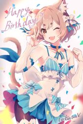 1boy :3 animal_ear_fluff animal_ears artist_name bare_shoulders black_pantyhose blue_bow blue_choker blue_dress blue_ribbon bow brown_eyes brown_hair cat_boy cat_ears cat_tail choker clenched_hand collarbone confetti contrapposto cowboy_shot detached_sleeves diagonal-striped_bow double-parted_bangs dress dress_bow fang felix_argyle frilled_dress frills gekiatsuv hair_between_eyes hair_bow hands_up happy_birthday highres layered_dress long_sleeves neck_ribbon one_eye_closed open_mouth pantyhose re:zero_kara_hajimeru_isekai_seikatsu ribbon short_hair simple_background solo tail tongue trap two-tone_dress w white_background white_bow white_dress white_sleeves