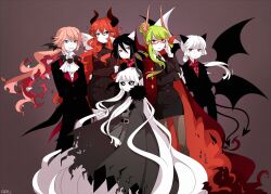 1boy 5girls arbus_(funamusea) aryll_(marbles) ater_(funamusea) black_hair cranber_(funamusea) demon_boy demon_girl demon_horns demon_tail demon_wings funamusea genderswap genderswap_(ftm) genderswap_(mtf) green_hair haiiro_teien horns kcalb_(funamusea) lost_(funamusea) multiple_girls pink_hair red_hair tail white_hair wings yosaflame_(funamusea)