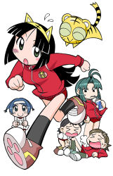 &gt;_&lt; 5girls animal_ear_hairband animal_ears animal_hair_ornament antenna_hair aqua_eyes black_hair black_outline black_socks black_tail blue_eyes blunt_bangs blunt_ends blunt_sidelocks blush blush_stickers bottle breasts brown_footwear brown_hair buruma clenched_hands closed_eyes closed_mouth collar collared_jacket colored_sclera cub dhole_(toranoana) drinking drinking_straw eyelashes fake_animal_ears full_body green_eyes green_footwear green_hair green_sclera green_socks gym_uniform hair_intakes hairband headband hime_cut holding holding_bottle jacket kneehighs knees_together_feet_apart kodomo_(toranoana) kuromimi_kotora legs_apart legs_together light_brown_hair logo_print long_sleeves medium_breasts miko_(toranoana) mukku_(mook-tv) multiple_girls name_tag official_art open_mouth outline paw_print print_jacket red_buruma red_collar red_jacket red_sleeve_cuffs running ruru_(toranoana) second-party_source short_hair short_sleeves sidelocks simple_background sleeve_cuffs smile socks sportswear standing straight_hair striped_fur striped_tail sweatdrop tail tiger tiger_ears tora_da_yo. toranoana towel towel_around_neck two_side_up white_background white_headband white_sleeves yamane_(toranoana) yellow_fur yellow_hairband yellow_tail zipper