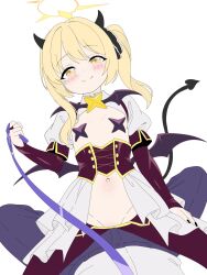 1boy 1girl blonde_hair blue_archive breasts bulge closed_mouth cosplay dipa erection erection_under_clothes femdom girl_on_top highres horns ibuki_(blue_archive) leash loli looking_at_viewer magia_baiser magia_baiser_(cosplay) mahou_shoujo_ni_akogarete navel pasties pov small_breasts smile stomach straddling tail viewer_on_leash wings