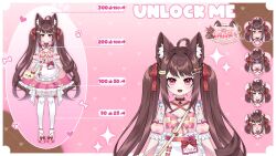animal_ears apron blush brown_hair dog_ears dog_girl dress frilled_dress frills fuyuki_inari garter_straps highres indie_virtual_youtuber lolita_fashion long_hair multiple_expressions official_art paw_print pink_shoes red_eyes red_ribbon reference_sheet ribbon shoes smile thighhighs twintails white_apron white_thighhighs