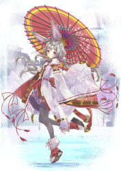 Rule 34 | 1girl, absurdres, animal ears, black pantyhose, blush, boots, bow, closed mouth, commentary request, floral print, from side, full body, grey hair, highres, holding, holding umbrella, ichijiku (vrchat), japanese clothes, kimono, long hair, long sleeves, looking at viewer, looking to the side, miyama leaves, oil-paper umbrella, pantyhose, ponytail, purple eyes, purple skirt, rabbit ears, red ribbon, red umbrella, ribbon, ribbon-trimmed sleeves, ribbon trim, sandals, skirt, sleeves past wrists, smile, solo, standing, standing on one leg, tabi, tassel, umbrella, very long hair, vrchat, white kimono, wide sleeves, zouri