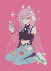 Rule 34 | 1girl, animal ear headphones, animal ears, arm support, aubrey (birthday) (omori), aubrey (faraway) (omori), aubrey (omori), blue bow, blue eyes, blush, bow, braid, cellphone, charm (object), closed mouth, copyright name, crop top, dated, denim, fake animal ears, forest bunny? (omori), full body, hair bow, happy birthday, headphones, highres, jeans, looking at viewer, low twin braids, navel, omori, pants, phone, pink background, pink hair, rabbit ear headphones, saji neko, simple background, sitting, smartphone, solo, sparkle, twin braids, wariza