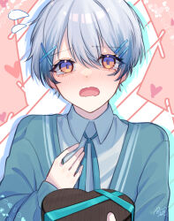1boy 1other aqua_jacket aqua_ribbon blazer blush box collared_shirt commentary_request flying_sweatdrops grey_hair hair_between_eyes hair_ornament hairclip heart-shaped_box highres holding holding_box jacket neck_ribbon open_clothes open_jacket original purple_eyes ribbon shirt short_hair signature tears valentine white_shirt x_hair_ornament yoruse