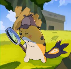 :&lt; blue_sky blush_stickers box cardboard_box chibi cloud commentary creature day detective english_commentary from_side grass grem_(gigi_murin) hat highres holding holding_magnifying_glass hololive looking_down magnifying_glass on_grass one_eye_closed outdoors shoe_box sky striped_fur tail tree two-tone_fur walking yambot yellow_fur