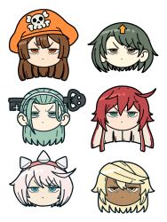 6+girls a.b.a angry arrow_(symbol) arrow_hair_ornament bags_under_eyes blonde_hair brown_eyes brown_hair dark-skinned_female dark_skin delilah_(guilty_gear) elphelt_valentine green_eyes green_hair guilty_gear guilty_gear_strive hairband hat hat_ornament head_only headband highres jack-o&#039;_valentine key_in_head may_(guilty_gear) multiple_girls nirade44 object_through_head orange_eyes orange_hat pirate pirate_hat ramlethal_valentine red_eyes simple_background skull_and_crossbones skull_hat_ornament spiked_hairband spikes white_background white_hair white_headband