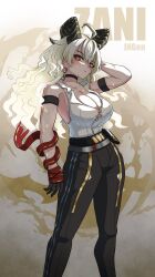 Rule 34 | 1girl, ahoge, arm strap, arm up, bare shoulders, black choker, black gloves, black horns, black pants, blonde hair, breasts, button gap, choker, cleavage, collarbone, commentary, curled horns, earrings, english commentary, gloves, highres, horns, jewelry, jngen97, key earrings, large breasts, long hair, looking at viewer, mole, mole on breast, mole under eye, necktie, necktie around wrists, pants, red eyes, red necktie, shirt, shirt tucked in, solo, torn clothes, torn shirt, white shirt, wuthering waves, zani (wuthering waves)