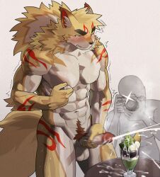 1boy 1other abs animal_ears armpit_hair armpits bara blush camera camera_flash commentary completely_nude cum cum_on_food ejaculation erection fangs food fox_boy fox_ears fox_tail furry furry_male highres holding holding_camera inari_(housamo) male_focus muscular muscular_male navel nipple_stimulation nipple_tweak nipples nude one_eye_closed parfait pectorals penis ponytail red_sweater sparkle stretching sweat sweater tail testicles tokyo_houkago_summoners undressing wasp_(anthyutena) white_background yawning