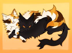 Rule 34 | animal, animal focus, black cat, border, calico (pattern), cat, commentary, cuddling, highres, kitty (fernwhisker), lying, nightcloud, no humans, orange background, orange border, orange eyes, orange theme, simple background, sorreltail, tail, warrior cats