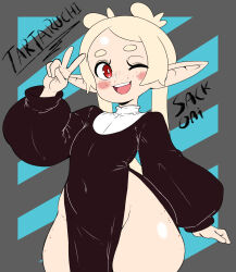1girl artist_name blonde_hair blush body_freckles character_name final_fantasy final_fantasy_xiv flat_chest freckles groin highres lalafell long_hair looking_to_the_side no_panties nun one_eye_closed open_mouth pointy_ears red_eyes sackoni short_eyebrows smile solo teeth twintails upper_teeth_only v warrior_of_light_(ff14) wide_hips