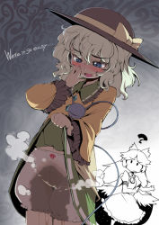 ._. 2girls ? ario bloomers blue_eyes clothes_lift english_text female_focus hat heart komeiji_koishi multiple_girls pee peeing peeing_self reiuji_utsuho short_hair silver_hair skirt skirt_lift steam touhou underwear wet wet_clothes