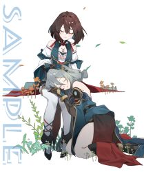 2girls absurdres bare_shoulders blue_hair breasts brown_hair closed_eyes closed_mouth colored_inner_hair dress english_text full_body gloves grey_hair hair_between_eyes hanya_(honkai:_star_rail) highres honkai:_star_rail honkai_(series) lap_pillow long_hair multicolored_hair multiple_girls plant ranguage red_hair short_hair simple_background sitting sleeping smile streaked_hair thighhighs waxgourd white_background xueyi_(honkai:_star_rail)