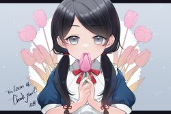Rule 34 | 1girl, artist request, black hair, blue sleeves, borrowed character, bow, bowtie, commission, covered mouth, expressionless, floral background, flower, grey background, grey eyes, highres, holding, holding flower, letterboxed, long hair, looking ahead, looking at viewer, multi-tied hair, original, outside border, own hands together, pink flower, puffy short sleeves, puffy sleeves, red bow, red bowtie, second-party source, shirt, short sleeves, side part, skeb commission, solo, straight-on, symmetry, thank you, twintails, two-handed, upper body, white shirt
