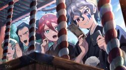 4boys box coin dolustoy donation_box eisei_gakuen haori haori_himo hatsumoude highres holding holding_coin holding_money holding_wallet inazuma_eleven_(series) inazuma_eleven_ares_no_tenbin japanese_clothes kira_hiroto kiyama_hiroto kouhaku_nawa male_focus midorikawa_ryuuji money multiple_boys new_year praying rope saginuma_osamu shimenawa shrine snow snowing sweatdrop wallet