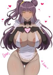 1girl absurdres adaku_okoro apron areola_slip band-width bikini bikini_bottom_only black_bikini black_collar black_gloves blush breasts cleavage closed_mouth collar collarbone covered_erect_nipples dark-skinned_female dark_skin detached_collar ear_blush elbow_gloves gloves gluteal_fold hair_bun heart heart_hands highleg highleg_bikini highres huge_breasts large_areolae long_hair scrunchie side_ponytail smile solo swimsuit tatakau_ni_atai_suru thigh_gap white_apron white_background yellow_eyes yellow_scrunchie