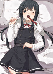 1girl asashio_(kancolle) asashio_kai_ni_(kancolle) black_dress black_thighhighs blue_eyes brushing_another&#039;s_teeth buttons disembodied_hand dress highres holding holding_toothbrush kanmiya_shinobu kantai_collection long_hair long_sleeves lying neck_ribbon on_back one_eye_closed pillow pinafore_dress pleated_dress red_ribbon ribbon shirt sleeveless sleeveless_dress solo_focus thighhighs toothbrush toothbrush_in_mouth very_long_hair white_shirt