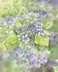 blue_flower blurry flower flower_focus highres leaf no_humans ooy33151086 original painting_(medium) plant plant_focus still_life traditional_media watercolor_(medium)