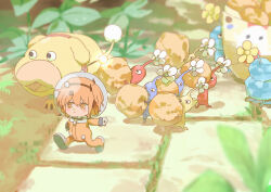 1girl :/ a.i._voice adachi_rei alternate_costume blue_pikmin blurry blurry_background blush_stickers bucket_of_chicken chicken_(food) clenched_hand cosplay creature crossover crow_(crow_crowd24) day dirt dog food fried_chicken gloves grey_gloves headlamp helmet highres holding holding_food ice_pikmin jumpsuit mini_person minigirl nintendo oatchi_(pikmin) one_side_up orange_eyes orange_hair orange_jumpsuit outdoors outstretched_arm pikmin_(creature) pikmin_(series) pikmin_4 plant radio_antenna red_pikmin sett solo space_helmet spacesuit utau walking wide_shot yellow_pikmin