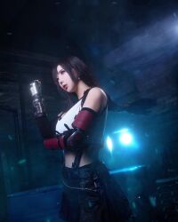 1girl bare_shoulders black_hair black_skirt blurry blurry_background breasts cosplay cosplay_photo earrings female_focus final_fantasy final_fantasy_vii final_fantasy_vii_remake gauntlets gloves highres ja10888 jewelry korean_(nationality) large_breasts long_hair photo_(medium) real_life red_eyes skirt solo square_enix tank_top tifa_lockhart tifa_lockhart_(cosplay) white_tank_top