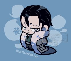 Rule 34 | 1boy, belt, black hair, blue background, chibi, chibi only, coat, commentary, fur-trimmed coat, fur trim, green shirt, half-closed eyes, highres, kotorai, long coat, looking at viewer, male focus, pale skin, scar, scar on face, scar on mouth, scar on nose, sergei dragunov, shirt, short hair, sideburns, signature, snowflakes, solo, symbol-only commentary, tekken, watermark