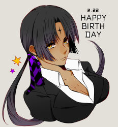 1girl absurdres birthday black_hair black_ribbon black_suit breasts cleavage collarbone collared_shirt d.gray-man dark-skinned_female dark_skin dress_shirt floating_hair formal_clothes grey_background hair_ribbon happy_birthday highres large_breasts long_hair looking_at_viewer looking_to_the_side low_ponytail lulu_bell mature_female noah_(d.gray-man) orange_eyes ponytail purple_ribbon purple_star ribbon shirt sidelocks simple_background solo star_(symbol) suit two-tone_ribbon white_shirt woldwolf9 yellow_star