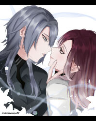 2girls absurdres black_hair black_shirt cherie_luna chief_(path_to_nowhere) closed_mouth commentary english_commentary female_chief_(path_to_nowhere) flower gradient_hair grey_eyes highres letterboxed lily_(flower) long_hair long_sleeves multicolored_hair multiple_girls parted_lips path_to_nowhere red_hair shalom_(path_to_nowhere) shirt smile twitter_username upper_body white_background white_hair white_shirt yuri