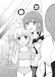 2girls bed blush bra crying curtains dress genderswap genderswap_(mtf) greyscale hair_ribbon highres holding holding_unworn_clothes indoors long_hair looking_at_mirror mirror monochrome multiple_girls navel open_mouth original panties pillow polka_dot polka_dot_bra polka_dot_panties ribbon sango_(sango3_3) siblings sisters star-shaped_pupils star_(symbol) stuffed_animal stuffed_toy symbol-shaped_pupils teddy_bear twintails underwear unworn_clothes