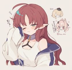 3girls ahoge animal_ears arknights arouni22 blonde_hair brown_hair durin_(arknights) ear_piercing green_eyes long_hair multiple_girls myrtle_(arknights) piercing pink_hair pointy_ears pozyomka_(arknights) rubbing_eyes sleeping sleepy sleeves_past_fingers sleeves_past_wrists tank_top white_tank_top wolf_ears