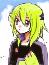 00s 1boy androgynous brown_eyes capcom cropped_jacket fingerless_gloves gloves green_hair hair_between_eyes hair_ornament hairband mega_man_(series) mega_man_star_force_(series) patrick_sprigs_(mega_man) smile tagme