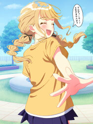1girl black_ribbon blonde_hair blue_skirt braid commentary_request fang fujita_kotone gakuen_idolmaster hair_ribbon highres idolmaster long_hair outdoors pleated_skirt pov ribbon shinonome_sakura shirt skin_fang skirt solo speech_bubble t-shirt translation_request twin_braids yellow_shirt