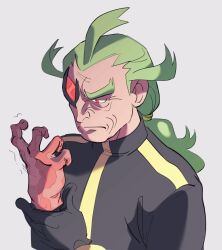 1boy black-framed_eyewear black_gloves closed_mouth commentary ghetsis_(pokemon) gloves green_hair grey_background hands_up highres jacket long_hair looking_down lynn_(daisiloou) male_focus nintendo pokemon pokemon_bw2 red_eyes scar solo upper_body wrinkled_skin