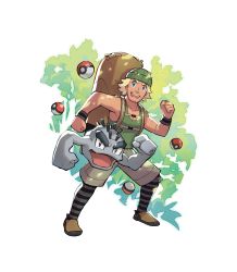 1boy absurdres alolan_form alolan_geodude arm_up backpack bag beanie blue_eyes brown_footwear clenched_hands gen_1_pokemon gen_7_pokemon geodude hat highres hiker_(pokemon) leaf looking_at_viewer male_focus nintendo official_art open_mouth poke_ball poke_ball_(basic) pokemon pokemon_(creature) pokemon_sm saitou_naoki smile wristband
