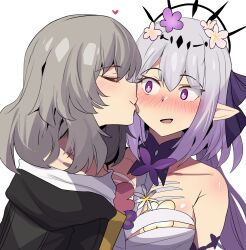 2girls :d absurdres bare_shoulders blush castorice_(honkai:_star_rail) closed_eyes collarbone flower grey_hair hair_flower hair_ornament heart highres hinghoi honkai:_star_rail honkai_(series) licking licking_another&#039;s_cheek licking_another&#039;s_face long_hair multiple_girls nose_blush open_mouth pointy_ears purple_eyes purple_flower shirt simple_background smile stelle_(honkai:_star_rail) trailblazer_(honkai:_star_rail) white_background white_flower white_shirt yuri