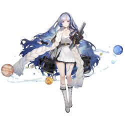 Rule 34 | 1girl, black gloves, blue eyes, blue hair, book, boots, breasts, dress, fingerless gloves, full body, game cg, girls&#039; frontline, girls&#039; frontline neural cloud, gloves, highres, holding, holding book, hubble (neural cloud), large breasts, long hair, looking at viewer, multicolored hair, official art, orbital path, planet, porafree, projector, scarf, smile, solo, streaked hair, third-party source, transparent background, very long hair, watch, white boots, white dress, white scarf, wristwatch