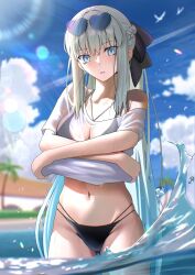 1girl absurdres bikini black_bikini black_bow blue_eyes blue_sky bow braid breasts eyewear_on_head fate/grand_order fate_(series) grey_hair hair_bow heart heart-shaped_eyewear highres large_breasts long_hair looking_at_viewer mishiro_(ixtlolton) morgan_le_fay_(fate) ponytail see-through_cleavage see-through_clothes shirt short_sleeves sidelocks sky solo sunglasses swimsuit thighs very_long_hair water wet wet_clothes white_shirt