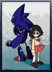 android artist_name black_shoes bow clenched_hands grey_eyes highres hue_shifting mecha_sonic_mkii neckerchief nichijou pink_bow pink_skirt red_eyes robot school_uniform shadow shinonome_nano shoes short_hair skirt socks sonic_(series) tokisadame_school_uniform white_neckerchief white_socks winding_key winter_uniform woolskullman