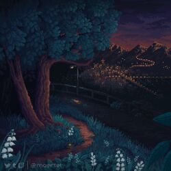 animated animated_gif artist_name bug city city_lights firefly flower grass insect lamppost lily_of_the_valley looping_animation moertel mountainous_horizon night no_humans original outdoors path pixel_art railing road scenery sky tree white_flower