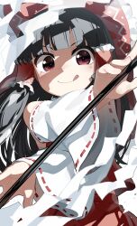 1girl :q black_hair bow closed_mouth crossed_arms detached_sleeves frilled_bow frills gohei hair_bow hair_tubes hakurei_reimu highres long_hair long_sleeves looking_at_viewer monosenbei red_bow red_eyes red_skirt ribbon-trimmed_sleeves ribbon_trim skirt smile solo tongue tongue_out touhou v-shaped_eyebrows very_long_hair white_background white_sleeves wide_sleeves