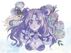 1girl armor blush breasts cleavage commentary_request cross_of_prontera dated_commentary double_bun expressionless flower hair_bun long_hair looking_at_viewer medium_breasts official_alternate_costume open_mouth pauldrons pink_flower pink_rose purple_eyes purple_hair purple_theme ragnarok_online rose royal_guard_(ragnarok_online) sharari shoulder_armor solo upper_body