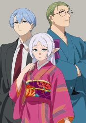 1girl 2boys black_suit blue_eyes blue_hair blue_robe bow brown_eyes commentary_request cosplay crossed_arms formal_clothes frieren gegege_no_kitarou glasses green_eyes green_hair grey_hair hair_bow heiter highres himmel_(sousou_no_frieren) japanese_clothes kimono kitarou_tanjou:_gegege_no_nazo medama_oyaji_(human) medama_oyaji_(human)_(cosplay) mizuki_(gegege_no_kitarou) mizuki_(gegege_no_kitarou)_(cosplay) mole mole_under_eye multiple_boys necktie obi pointy_ears purple_bow purple_kimono red_necktie robe round_eyewear ryuuga_sayo ryuuga_sayo_(cosplay) sash signature simple_background sousou_no_frieren suit syaparinton wide_sleeves