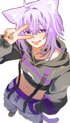1girl ahoge animal_ears arm_up black_choker blue_eyes blue_hair blush breasts cat_ears cat_girl cat_tail choker cropped_hoodie drawstring fangs grey_hair hair_between_eyes hand_in_pocket highres hololive hood hood_down hoodie long_sleeves looking_at_viewer medium_breasts multicolored_hair navel nekomata_okayu open_mouth pants simple_background smile solo suzka225 sweatpants tail tongue tongue_out v virtual_youtuber white_background